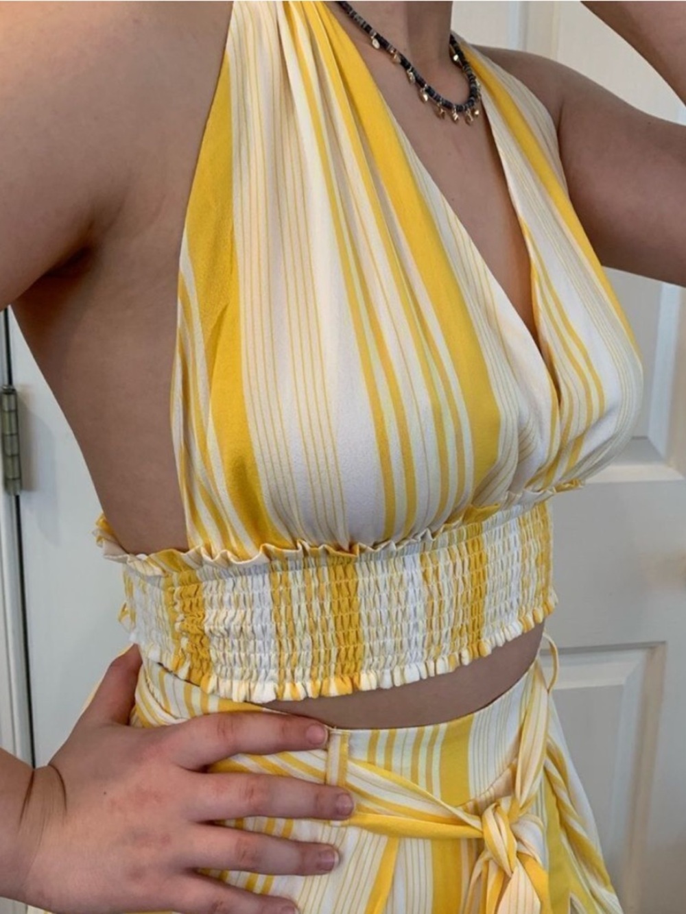FAVLUX Yellow & White Striped Halter Crop Top size large